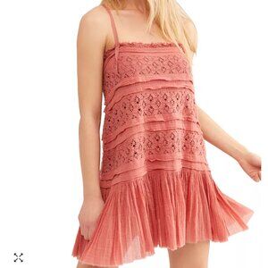 Free People FP One Shailee Slip Mini Dress XS Coral Crochet Gauze Beach